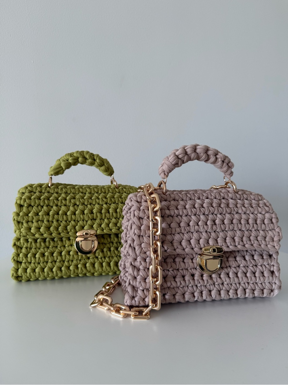 Handcrafted Crochet Top-Handle Bag in Olive Green and Mauve